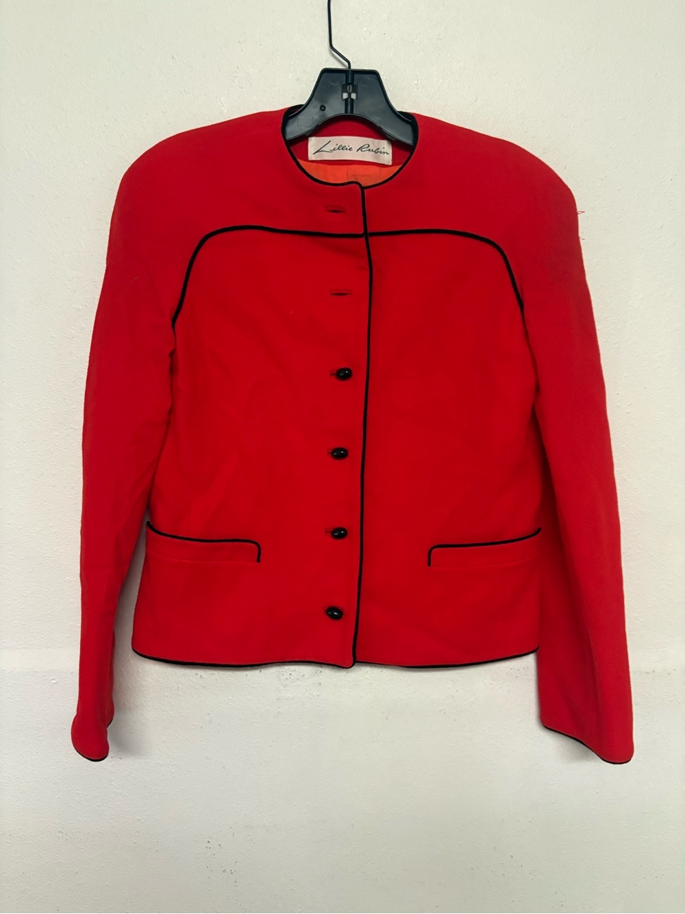Lillie Rubin x David Haynes Red Wool Blend Collarless Jacket with Black Trim-000